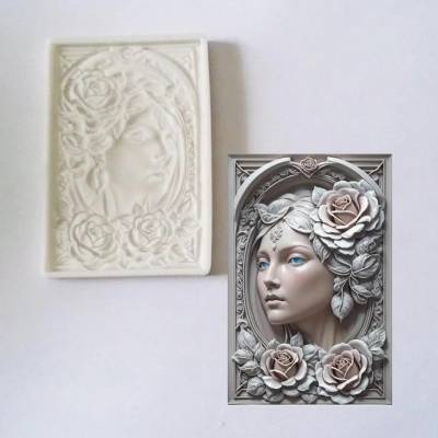 Silikonform Frau Portrait mit Blumen für Torte, Polymer Clay, Harz, Mold Crafts Dekorationen