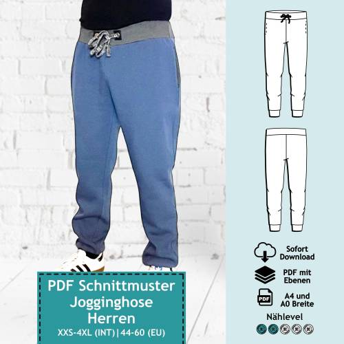 PDF Schnittmuster mit Ebenen Herren Jogginghose Anton, Gr. XXS-4XL | eBook, Männer Sporthose, Schnitt Sweatpants, Nähanl