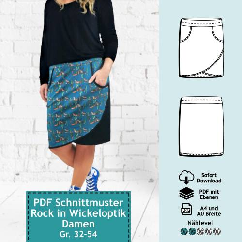 PDF Schnittmuster mit Ebenen Jerseyrock, Rock in Wickeloptik Pia, Gr. 32-54, e-Book Damen Schnitt Sommerrock, farbige Nä