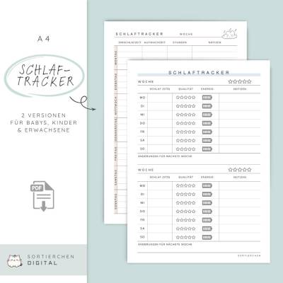 Schlaftracker A4 PDF | Schlafprotokoll für Erwachsene & Babys | Wochenübersicht zum Ausdrucken