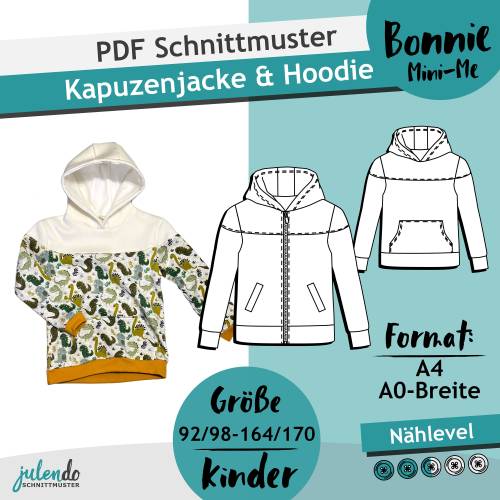 PDF Schnittmuster Kinder Kapuzenjacke Hoodie Bonnie, Gr. 92/98-164/170 | e-Book Schnitt Sweatjacke, Kapuzenpullover, Näh