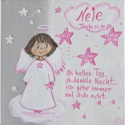 Personalisiertes Schutzengelbild Mädchen – Handgemalt auf Leinwand als Taufgeschenk 20x20
