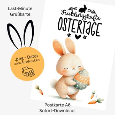 Digitale Osterkarte Hase & Osterei – Sofort Download, DIN A6, PNG