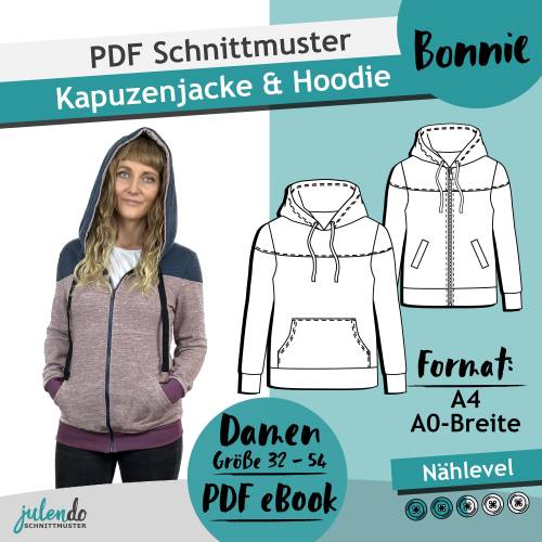 PDF Schnittmuster Damen Zipperjacke/Hoodie Bonnie, Gr. 32 bis 54 | eBook Schnitt mit farbiger Nähanleitung (deutsch)