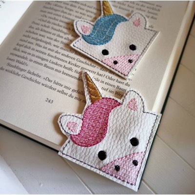 Einhorn Eck Lesezeichen Kunstleder gestickt, Leseecke Geschenk Bücherwurm Leseratte