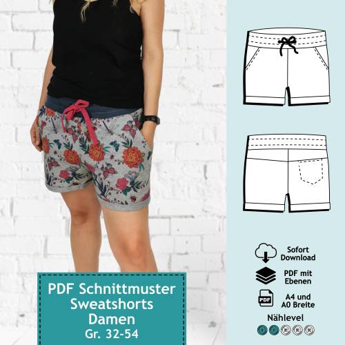 PDF Schnittmuster mit Ebenen - Sweatshorts / kurze Hose Eva, Gr. 32-54 | e-Book Schnitt für Damen Shorts, Sommerhose, Nä