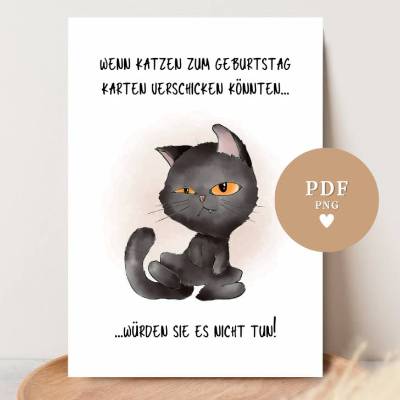 Katzenkarte Poster 'Wenn Katzen zum Geburtstag...' – Digitaler Download PDF & PNG