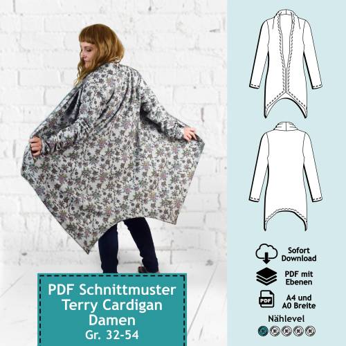 PDF Schnittmuster mit Ebenen - Sweat Cardigan Vicky, Gr. 32 - 54 | Damen Schnitt Sweatjacke, Strickjacke, farbige Nähanl