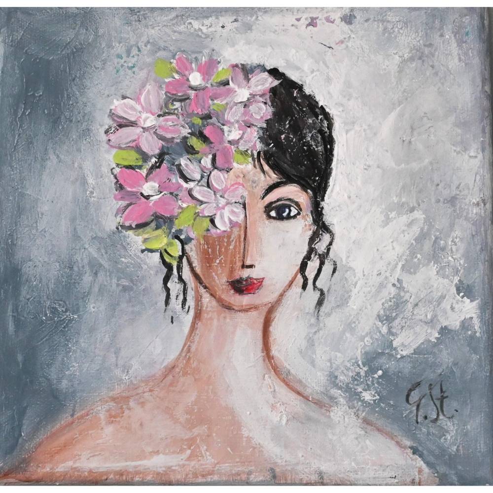 Frauenporträt Blumen Kopf Frau Malerei Kunst Frauenbild Strukturbild abstrakte Malerei Acrylbild