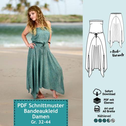 PDF Schnittmuster mit Ebenen Bandeaukleid / Sommerkleid Kate (+ Rock), Gr. 32-44 | Damen ebook Maxikleid, farbige Nähanl