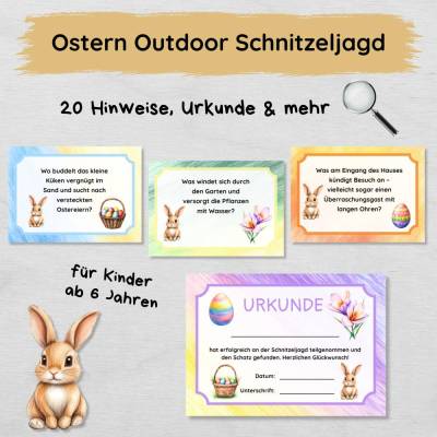 Ostern Outdoor Schnitzeljagd mit 20 Hinweisen & Urkunde, Schatzsuche Set für Kinder ab 6 Jahren