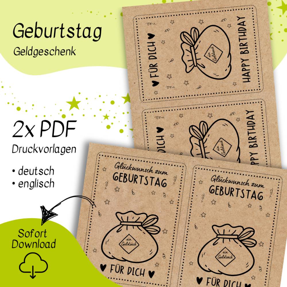 Druckvorlage Geldgeschenk Geburtstag – Glückwunschkarte Geldsack zum Ausdrucken Bild 2