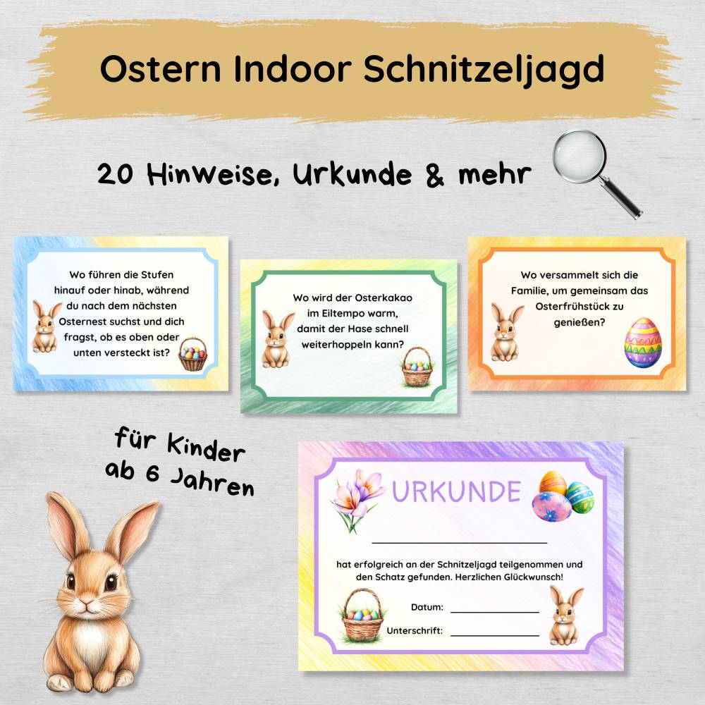Ostern Indoor Schnitzeljagd mit 20 Hinweisen & Urkunde, Schatzsuche Set für Kinder ab 6 Jahren Bild 1