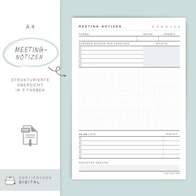 Meeting Notizen Vorlage A4 | PDF Meetingprotokoll | To-Do Liste & Notizen | 5 Farben