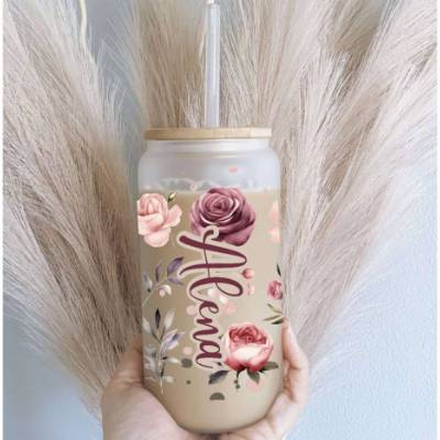Trinkglas mit Deckel personalisiertes Eiskaffeeglas Blumen Glasbecher Glas Geschenk