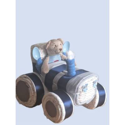 Windeltorte Traktor blau mit Bärchen – Windeltraktor Geschenk für Jungen