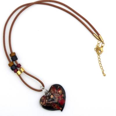 Herzkette, Halskette Glasherz rot bronze schwarz, gold, braun, Lederband