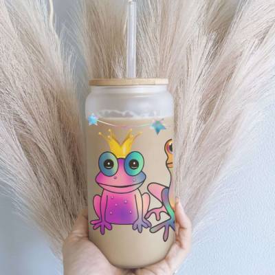 Trinkglas mit Deckel personalisiertes Eiskaffeeglas Frosch Glas Geschenk