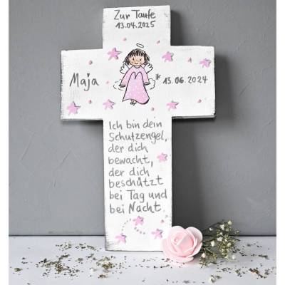 Taufkreuz Schutzengelkreuz personalisiert für Mädchen – Geschenk Patenkind Kinderkreuz handbemalt