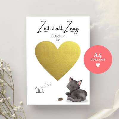 Rubbelgutschein Karte "Zeit statt Zeug" (Katze) – Digitaler Download • PDF A4