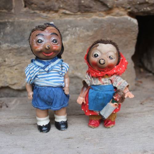 2er Set Celluloyd Mecki Igel Puppen Spielfiguren Junge Mädchen Vintage 50er 60er Jahre DDR GDR
