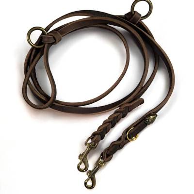 Hundeleine 2-fach verstellbar aus braunem Fettleder mit integriertem Kotbeutelhalter Länge ca. 1,98 m 