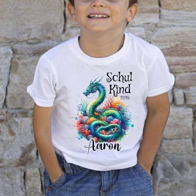 Schulkind T Shirt mit Namen personalisiert Drache Jungen Schulstart Geschenk Einschulung 
