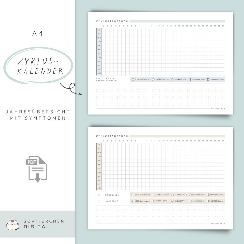 Zykluskalender A4 PDF | Zyklustagebuch | Period Tracker | 2 Varianten | 5 Farben Bild 1