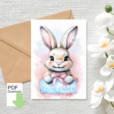 Osterkarte als PDF: Frohe Ostern – Grußkarte zu Ostern zum Ausdrucken, niedlicher Osterhase