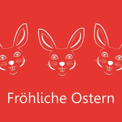 5 Postkarten Fröhliche Ostern, mit fröhlichen Hasen auf Rot