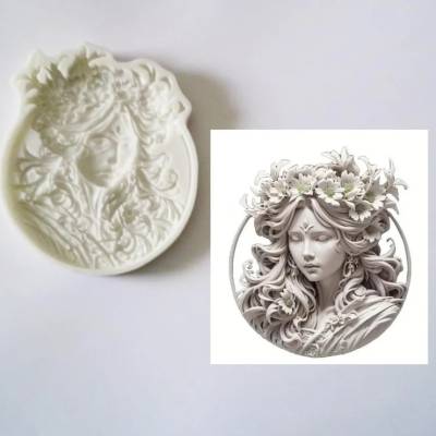 Silikonform Frau Portrait mit Blumen für Torte, Polymer Clay, Harz, Mold Crafts Dekorationen