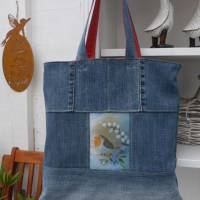 Aktentasche, Jeansshopper mit Frühlingsboten, gefüttert mit Innenreißverschluss