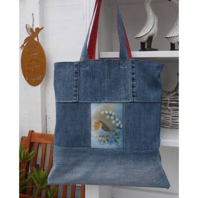 Aktentasche, Jeansshopper mit Frühlingsboten, gefüttert mit Innenreißverschluss
