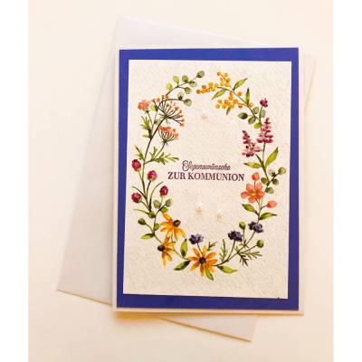 Glückwunschkarte  Kommunion mit Blumenkranz und Perlen Handgefertigt Stampinup NEU