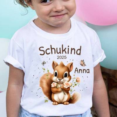 Schulkind T Shirt mit Namen personalisiert Eichhörnchen Mädchen Schulstart Geschenk Einschulung