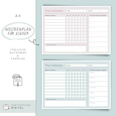 Wochenplan Kinder | Aufgaben & Hausaufgaben Plan | Checkliste Haushalt Familie | PDF A4