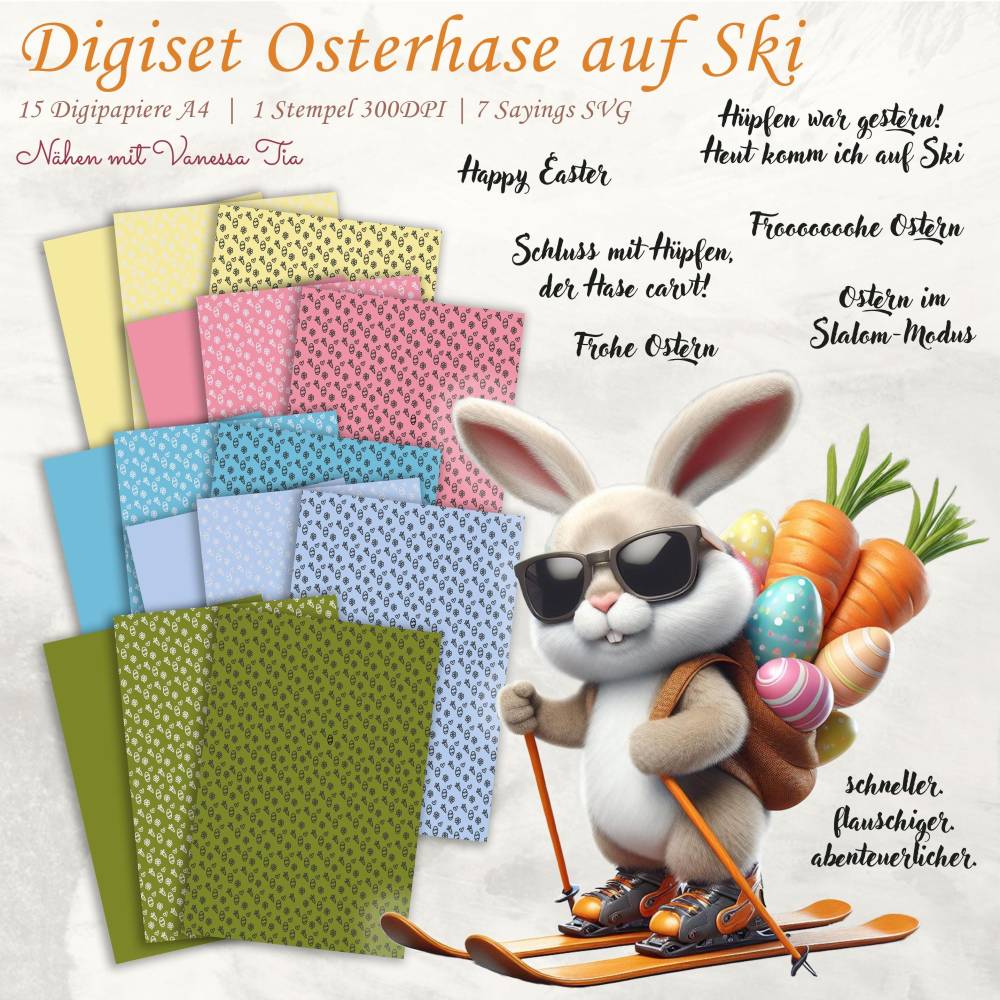 Osterhase Auf Ski Digiset Printables Printfile JPG PNG Ostern Bild 1