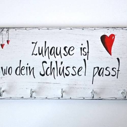 Schlüsselbrett Holz Shabby mit Herz – Hakenleiste handbemalt als Geschenk zum Einzug