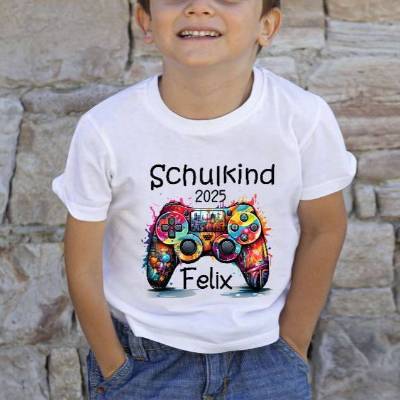 Schulkind T Shirt mit Namen personalisiert Controller Jungen Schulstart Geschenk Einschulung