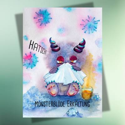 Hatschi! – Monsterblöde Erkältung - Postkarte | Heuschnupfen | Genesung | Gute Besserung | Erkältung | Trost