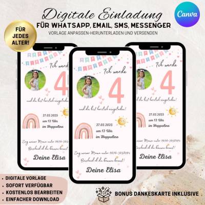 Digitale Einladungskarte, Einladung Kindergeburtstag mit Foto Regenbogen personalisierbare E-Card WhatsApp, Einladung