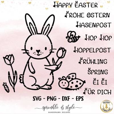 Plotterdatei Ostern, Frohe Ostern, Laserdatei Ostern, Cricut, Osterhase png, Frühling PNG, Clipart Hase Tulpe