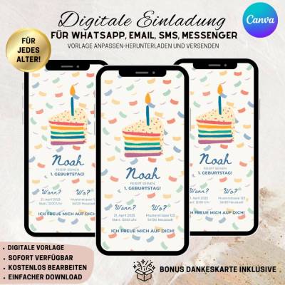 Digitale Einladungskarte, Einladung Kindergeburtstag mit Foto Regenbogen personalisierbare E-Card WhatsApp, Einladung