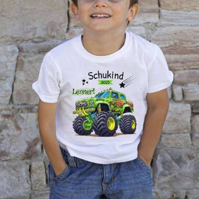 Schulkind T Shirt mit Namen personalisiert Monstertruck Jungen Schulstart Geschenk Einschulung