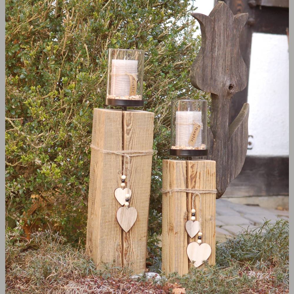 Holzbalken Altholz mit Windlichtglas Kerzenhalter