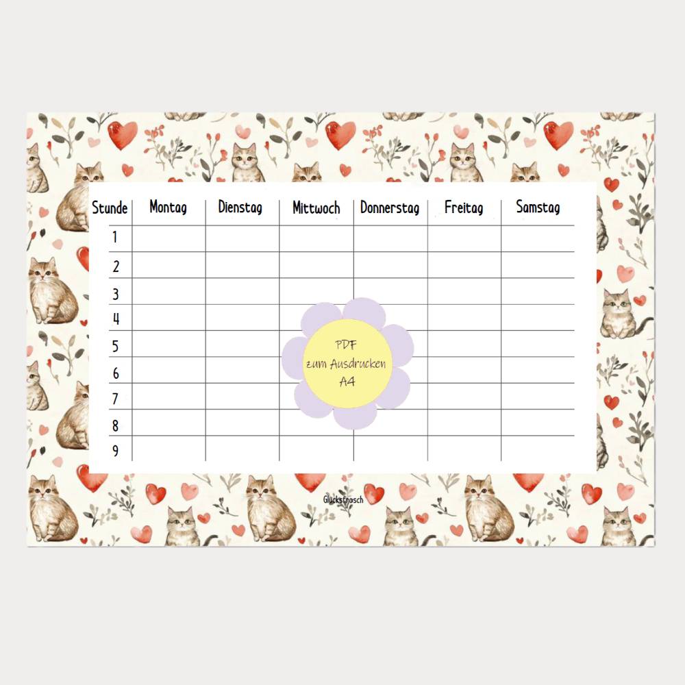 Stundenplan A4 PDF zum Ausdrucken Motiv mit kleinen Katzen Bild 1