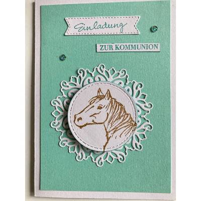 5 Einladungskarten zur Kommunion mit Pferd in Grün/Weiß