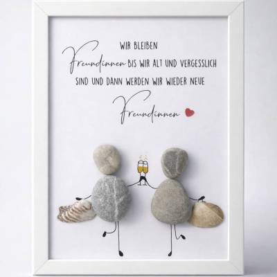 Steinbild „Wir bleiben Freundinnen“ – Persönliches Geschenk mit Figuren auf Bank & liebevollem Spruch