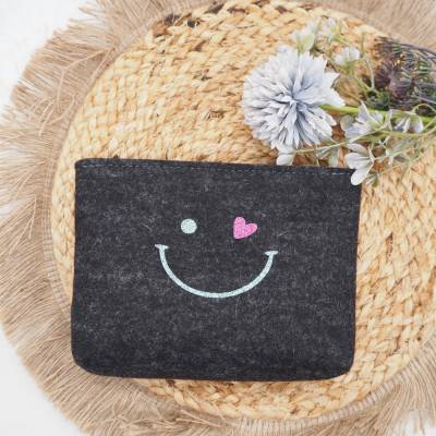 Kosmetiktasche lachendes Gesicht aus Wollfilz – Allzwecktasche mit Glitzer- oder Flockdruck