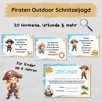 Piraten Outdoor Schnitzeljagd mit 20 Hinweisen, Urkunde, Geschichte & mehr, Schatzsuche Set für Kinder ab 6